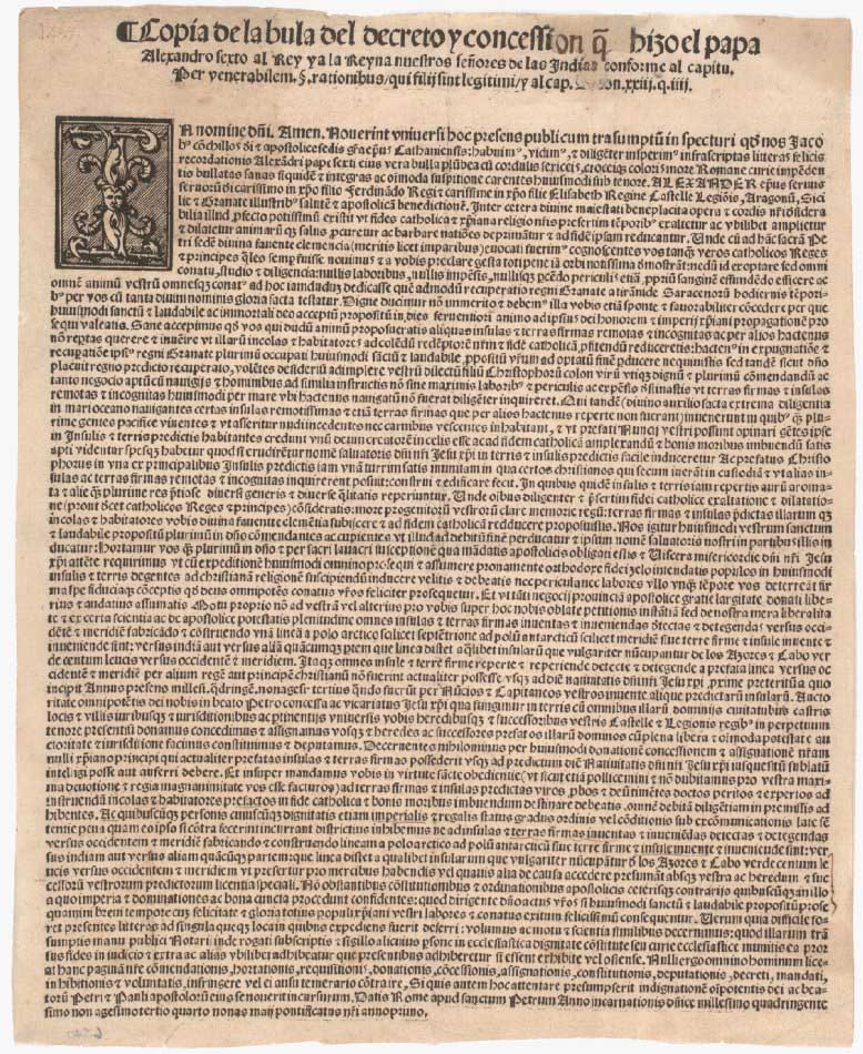 The Papal Bull "Inter Caetera," issued by Pope Alexander VI