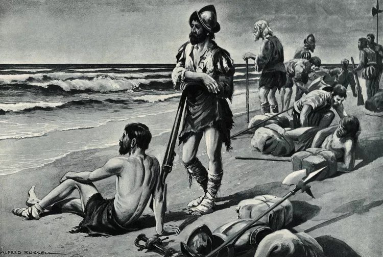 Narváez expedition departs Spain to colonize Florida. 4 of 600 survive